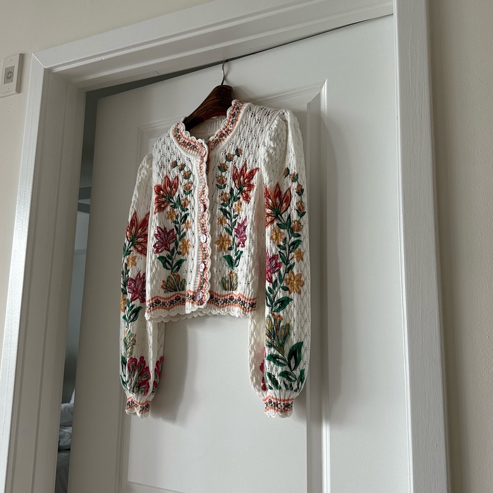 FARM Rio White Cropped Eyelet Cardigan with Multicolor Floral Embroidery - Picture 5 of 7